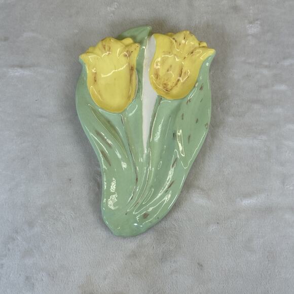 Vtg Yellow Tulip Double Spoon Rest 1975 Holland Mold Handpainted Initialed Chrty - Picture 1 of 11